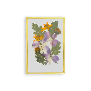 Cuadro con delfinia, margaritas y hojas silvestres