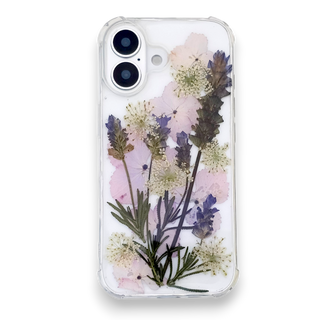 Funda para celular con lavanda, hortensias y encaje